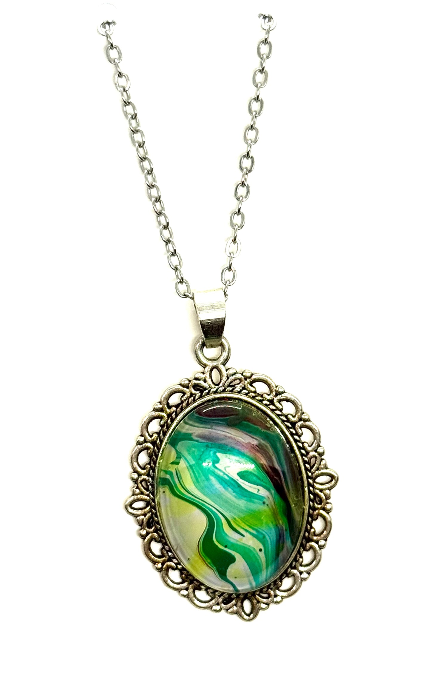 #21 Green Ghost Paint Pour Oval Pendant Necklace – Fluid Art Statement Jewelry