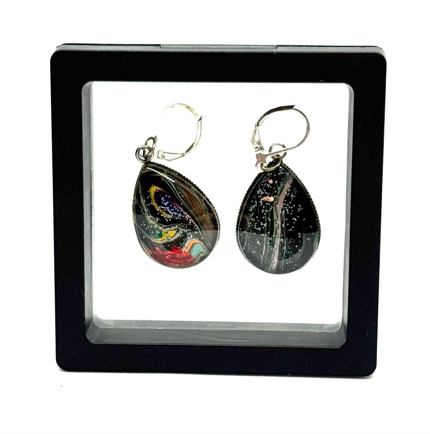 #7S Midnight Nebula Sterling Silver Glass Dome Teardrop Earrings