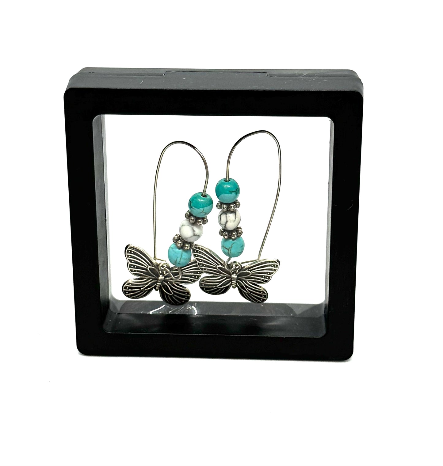 #27 Fluttering Through the Shit Show Butterfly Earrings – Turquoise & White Beaded Dangle Earrings
