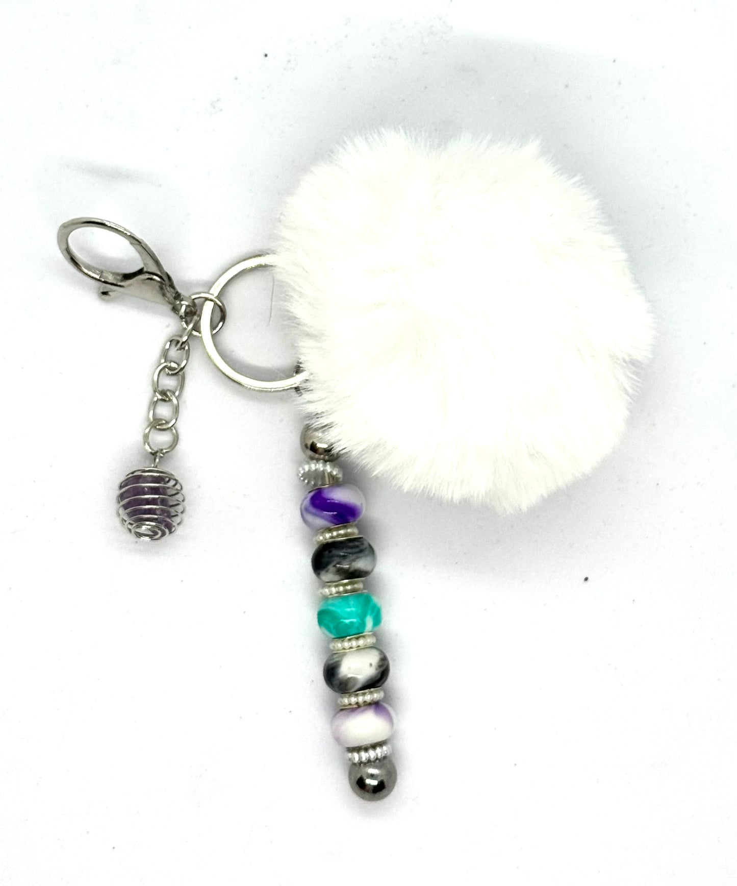 FDSS “Calm Chaos” White Pom Pom Beaded Keychain with Amethyst Charm