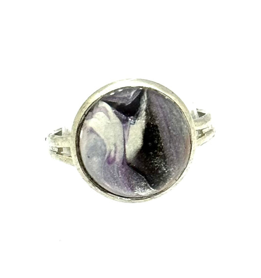 #10 Midnight Divide Glass Dome Ring – Smoky Black & Gray Swirl Adjustable Ring