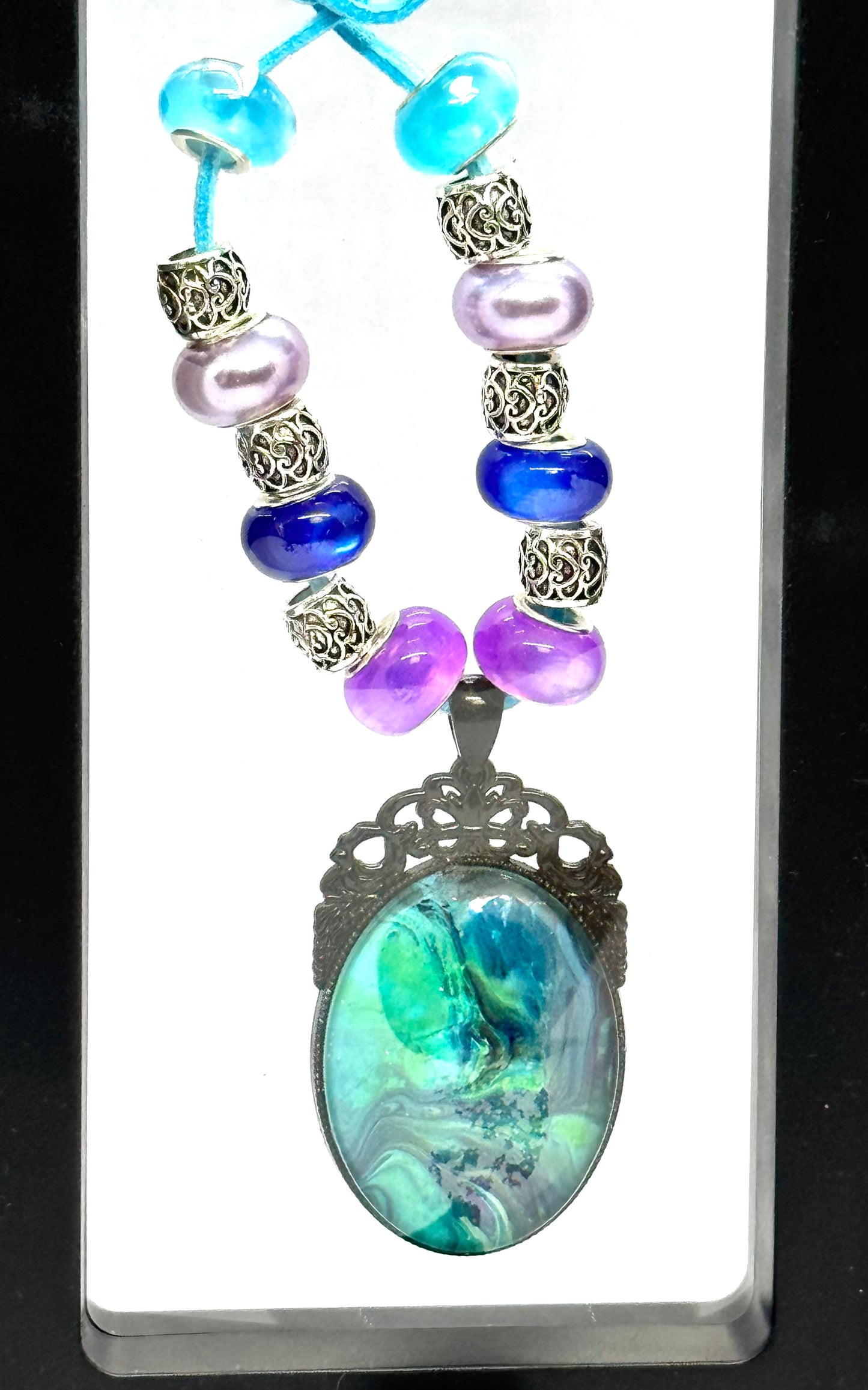 Emotional Support Chaos Necklace | Ocean Storm Pendant | Blue Leather Cord | Beaded Statement Piece