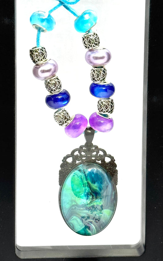 Emotional Support Chaos Necklace | Ocean Storm Pendant | Blue Leather Cord | Beaded Statement Piece