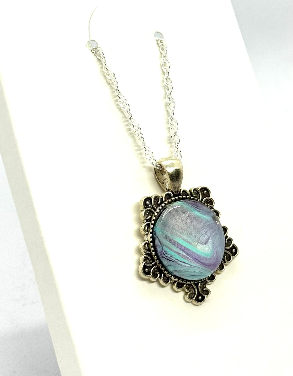 Calm Is Suspicious Necklace | 18” Sterling Silver Aqua & Lavender Paint Pour Necklace