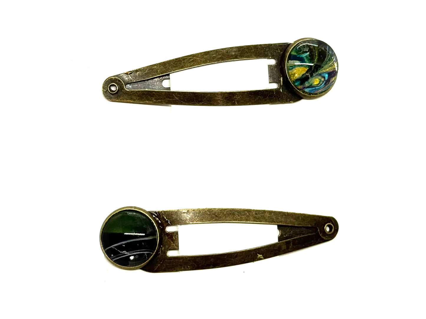 #2 Ocean Spiral Snap Clips – Silver Tone Blue Green Resin Hair Clips (2pc Set)