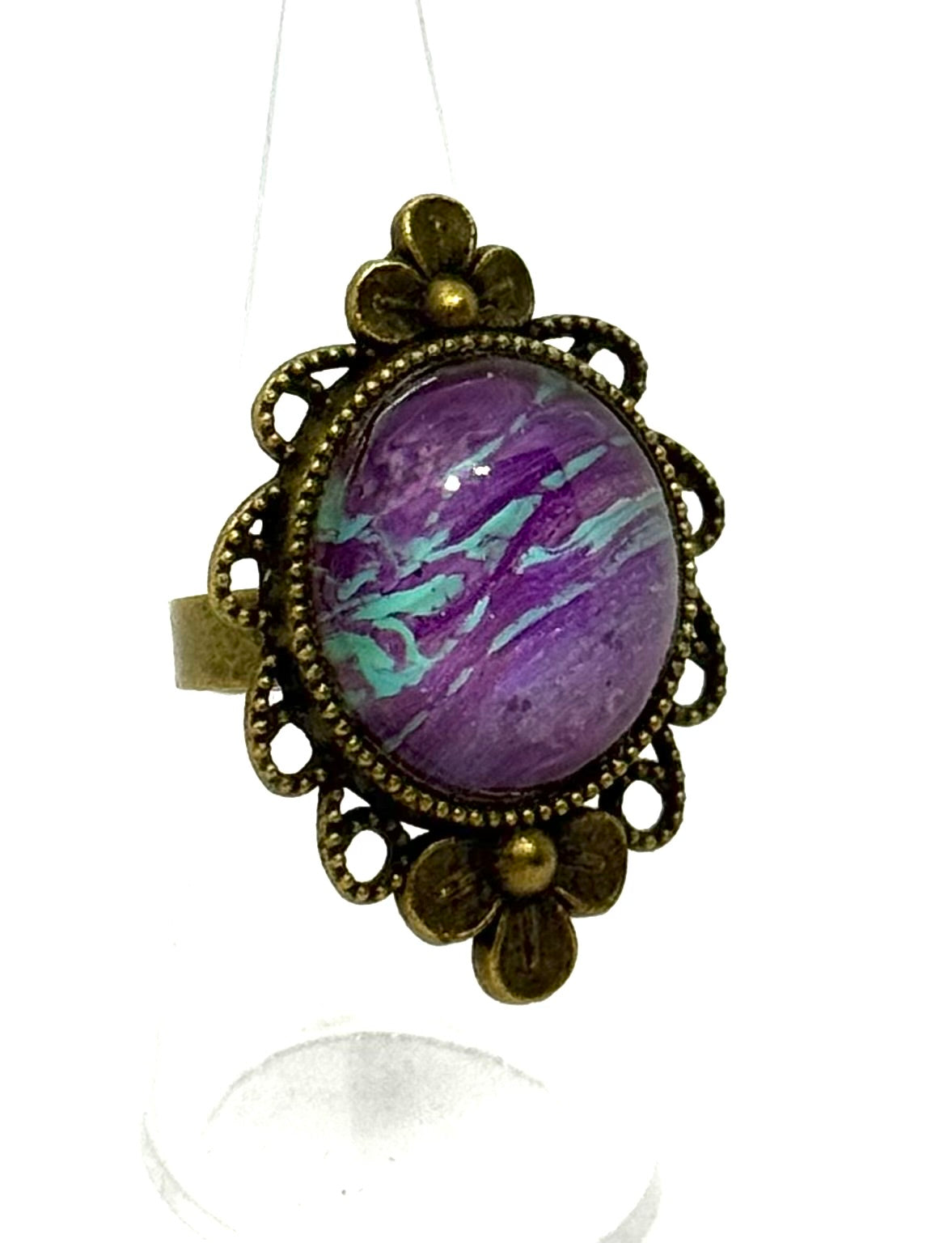 #14 Galactic Chaos Glass Dome Statement Ring – Purple Teal Swirl Vintage Ornate Adjustable Ring
