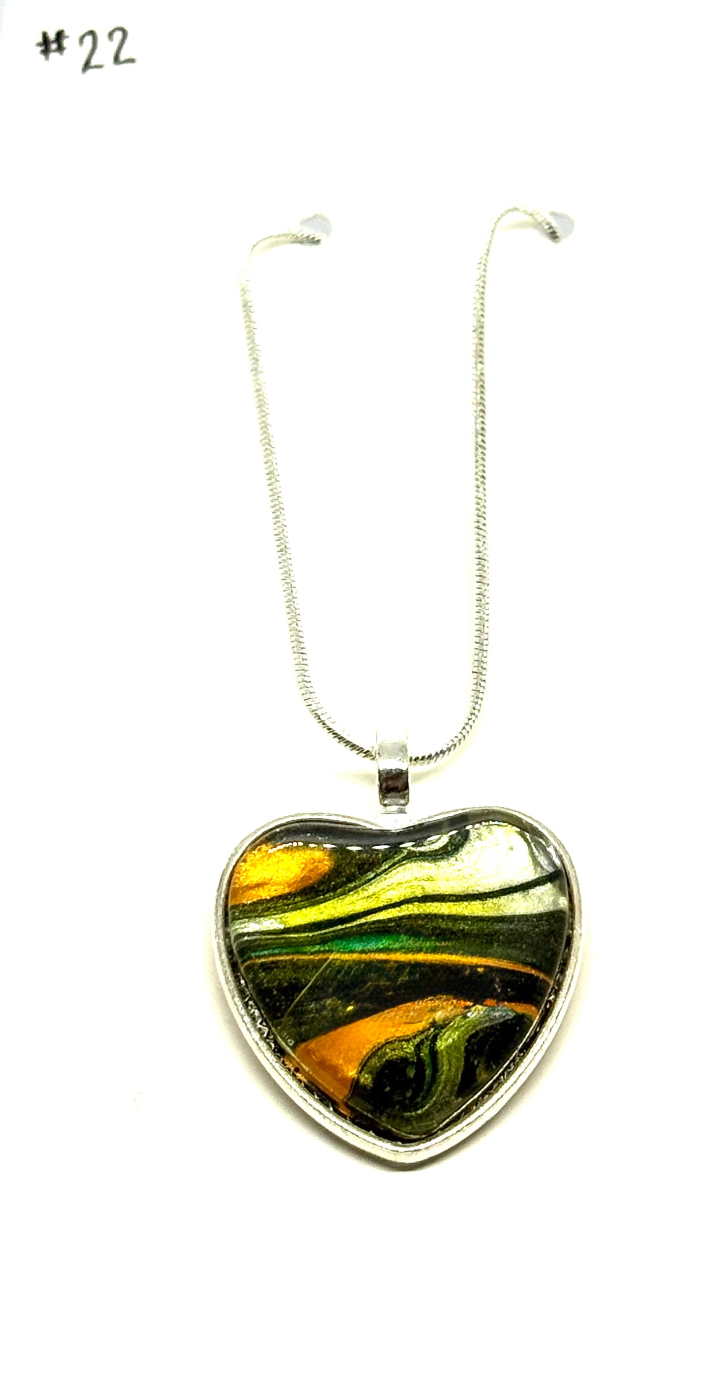 #22 Heartbreak in Technicolor – Black, White, Orange & Rose Gold Paint Pour Heart Pendant Necklace