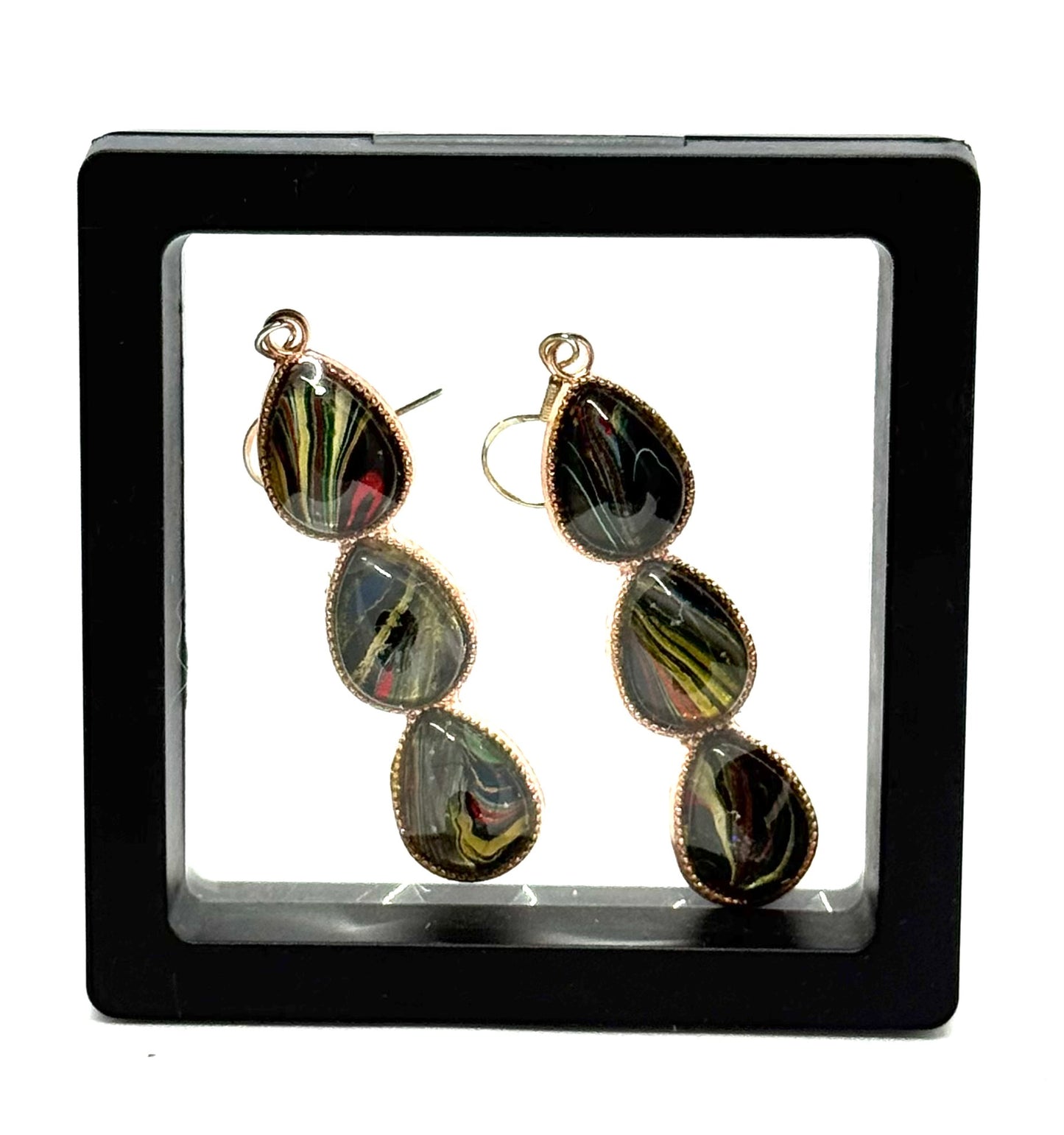 #3S Midnight Eclipse Triple Teardrop Earrings – Handmade Paint Pour Glass Domes