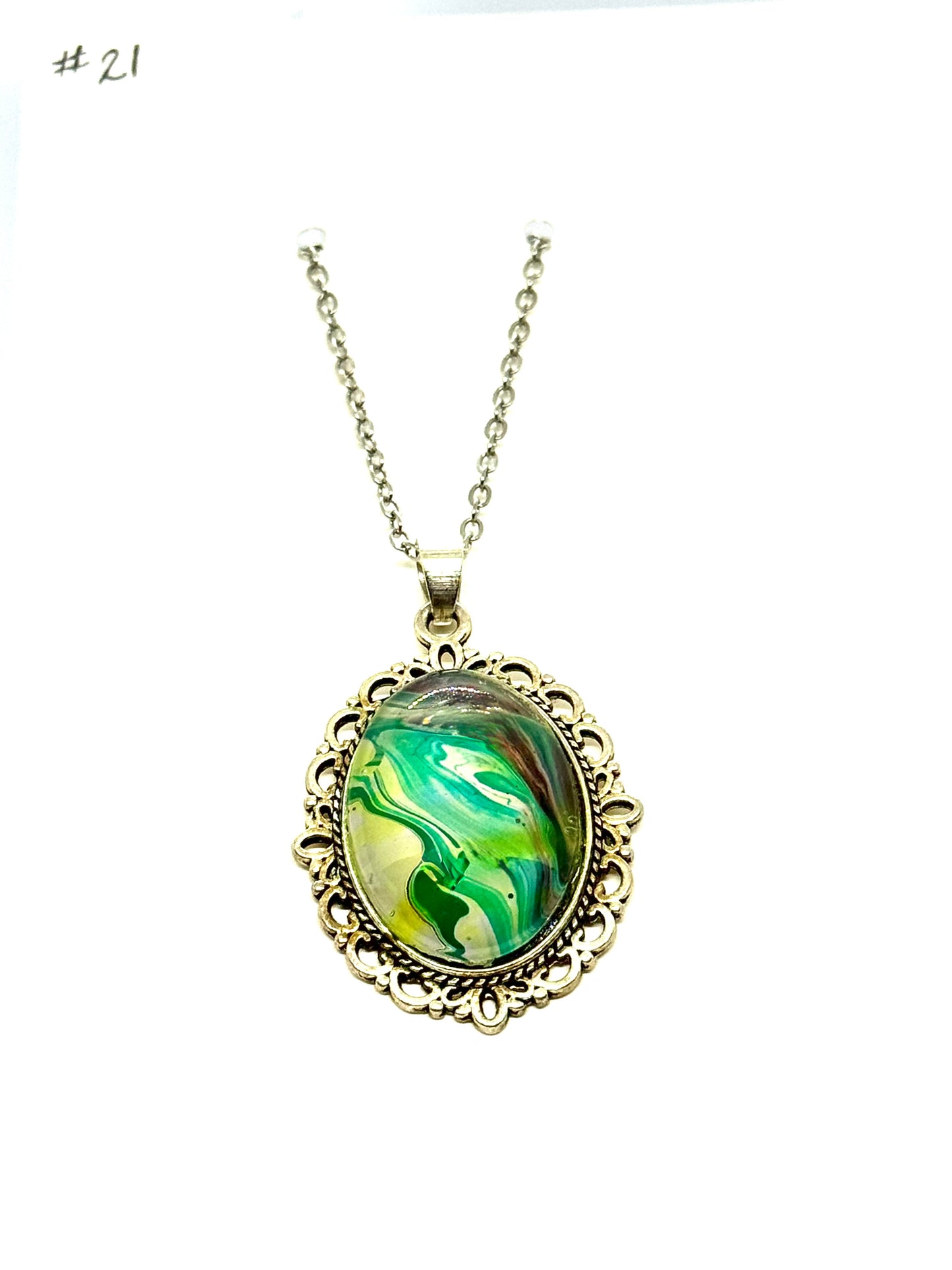 #21 Green Ghost Paint Pour Oval Pendant Necklace – Fluid Art Statement Jewelry