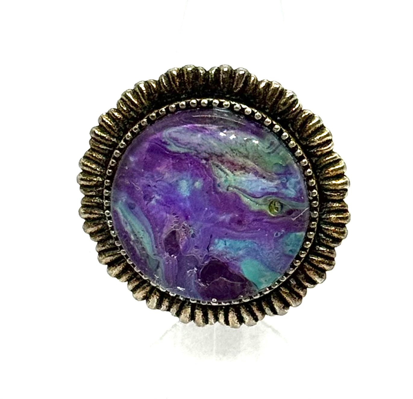 #13 Galactic Chaos Glass Dome Statement Ring – Purple Teal Swirl Vintage Ornate Adjustable Ring