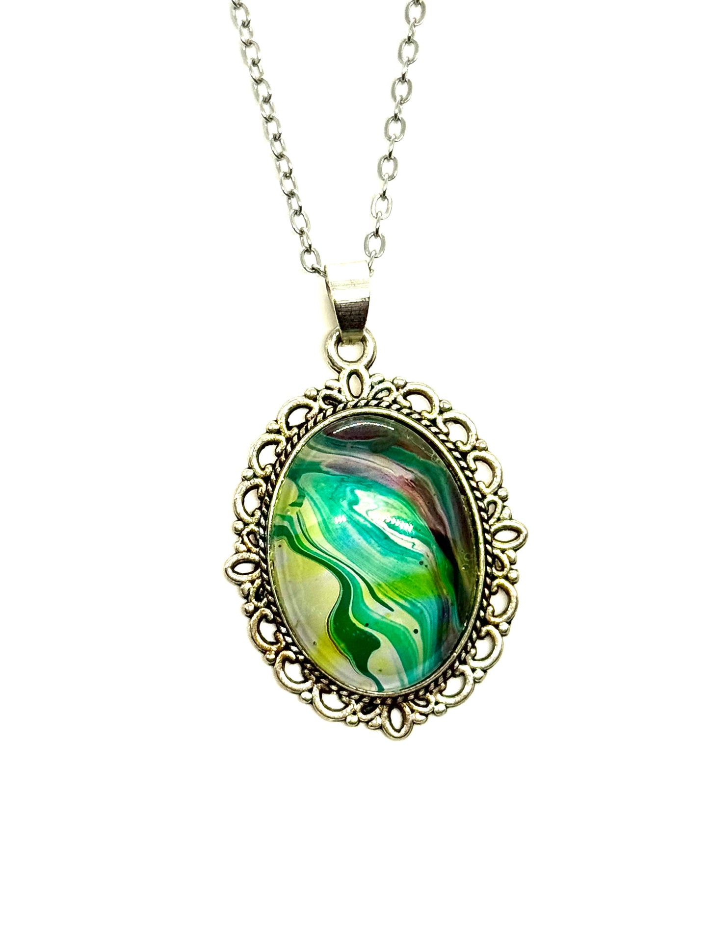 #21 Green Ghost Paint Pour Oval Pendant Necklace – Fluid Art Statement Jewelry