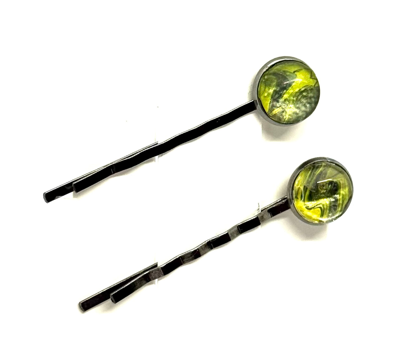 The “Lime Light, Zero Chill” Bobby Pin Set – Handmade Green Swirl Hair Pins (Set of 2)