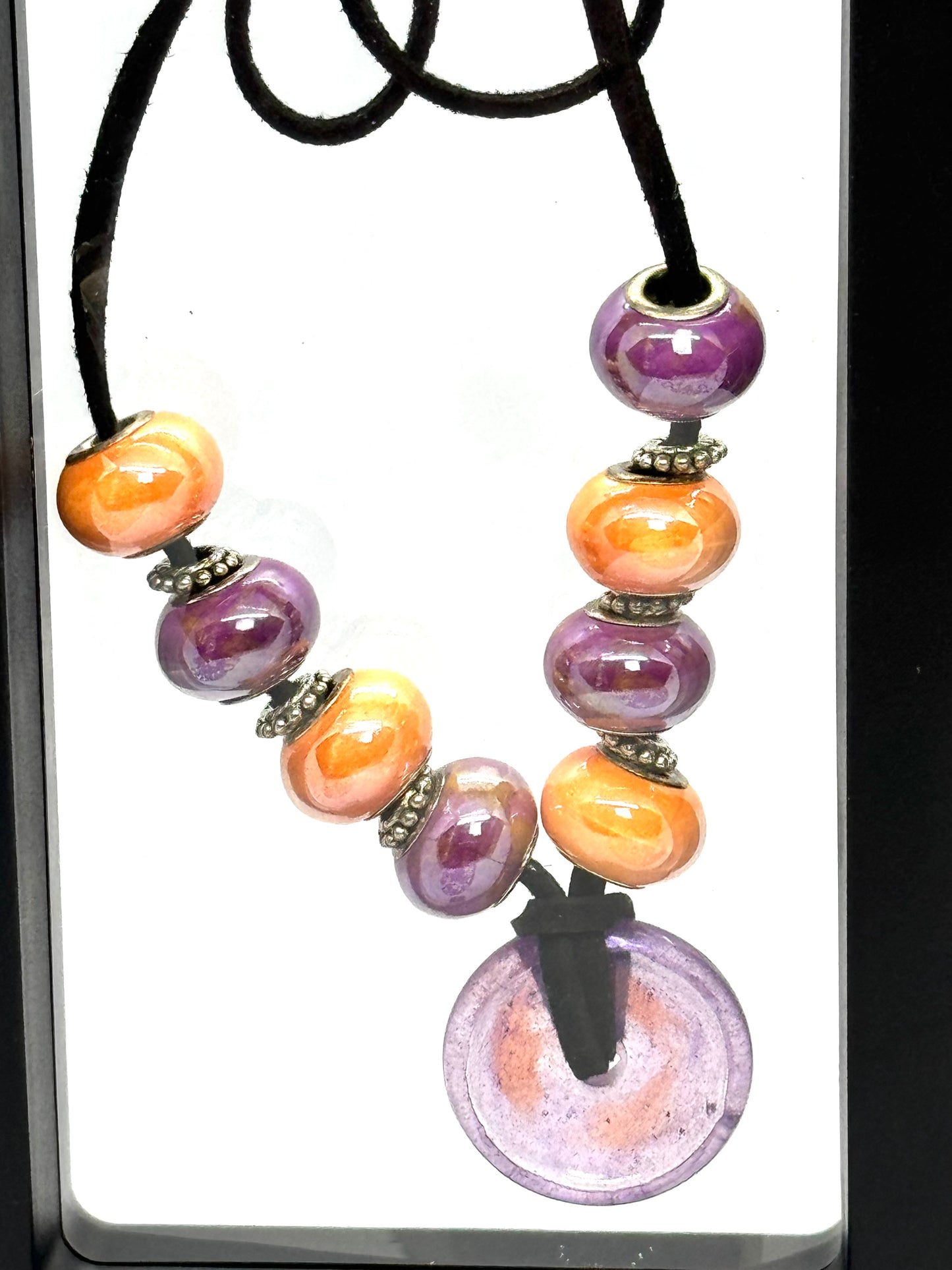 Sunset Chaos Beaded Pendant Necklace | Purple & Orange | 28” Black Cord | Handmade Statement Jewelry