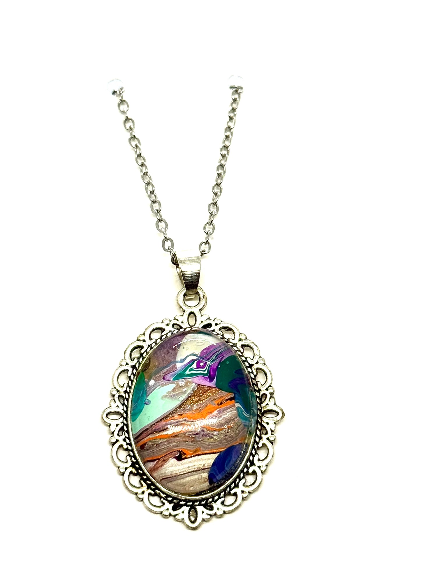 #27 Tectonic Mood Swing – Abstract Paint Pour Oval Pendant Necklace | One-of-a-Kind Chaos Jewelry