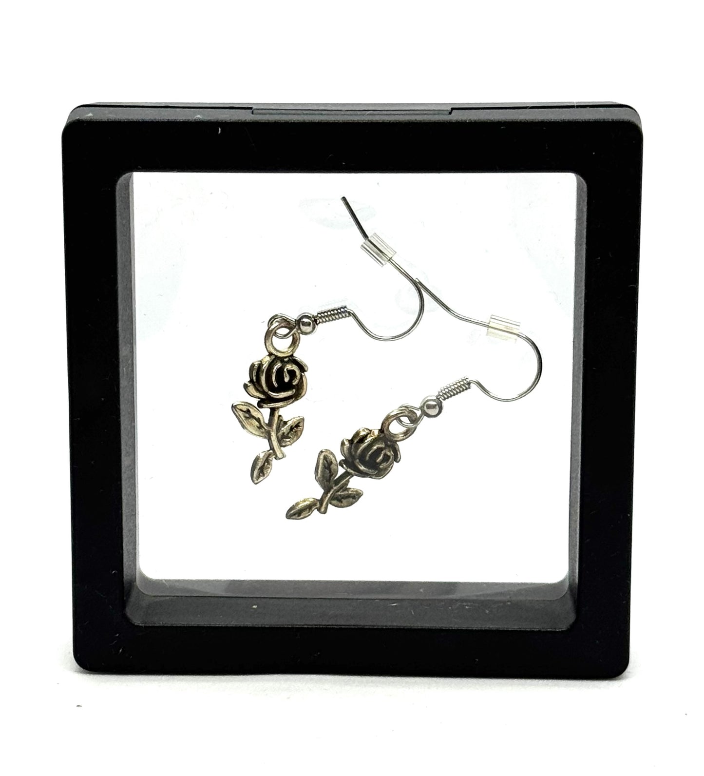 #48 Blooming Out of Spite Rose Earrings – Silver Rose Charm Dangle Earrings