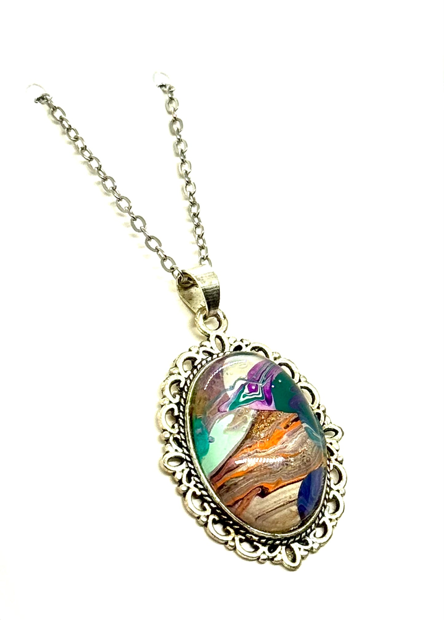 #27 Tectonic Mood Swing – Abstract Paint Pour Oval Pendant Necklace | One-of-a-Kind Chaos Jewelry
