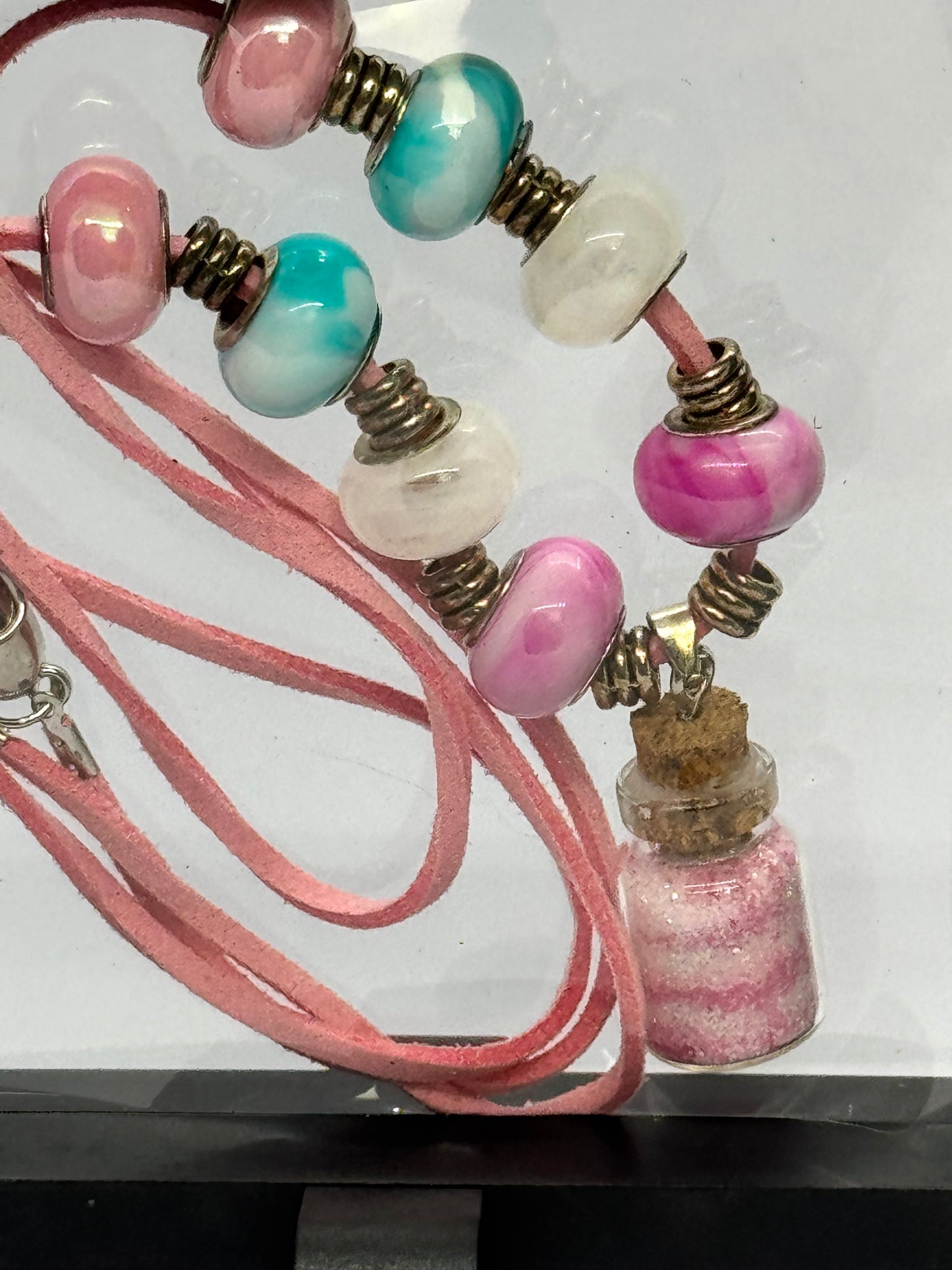 Sweet Chaos Bottle Necklace | Pink Leather Cord | Beaded Charm Necklace | Heart Clasp Magic