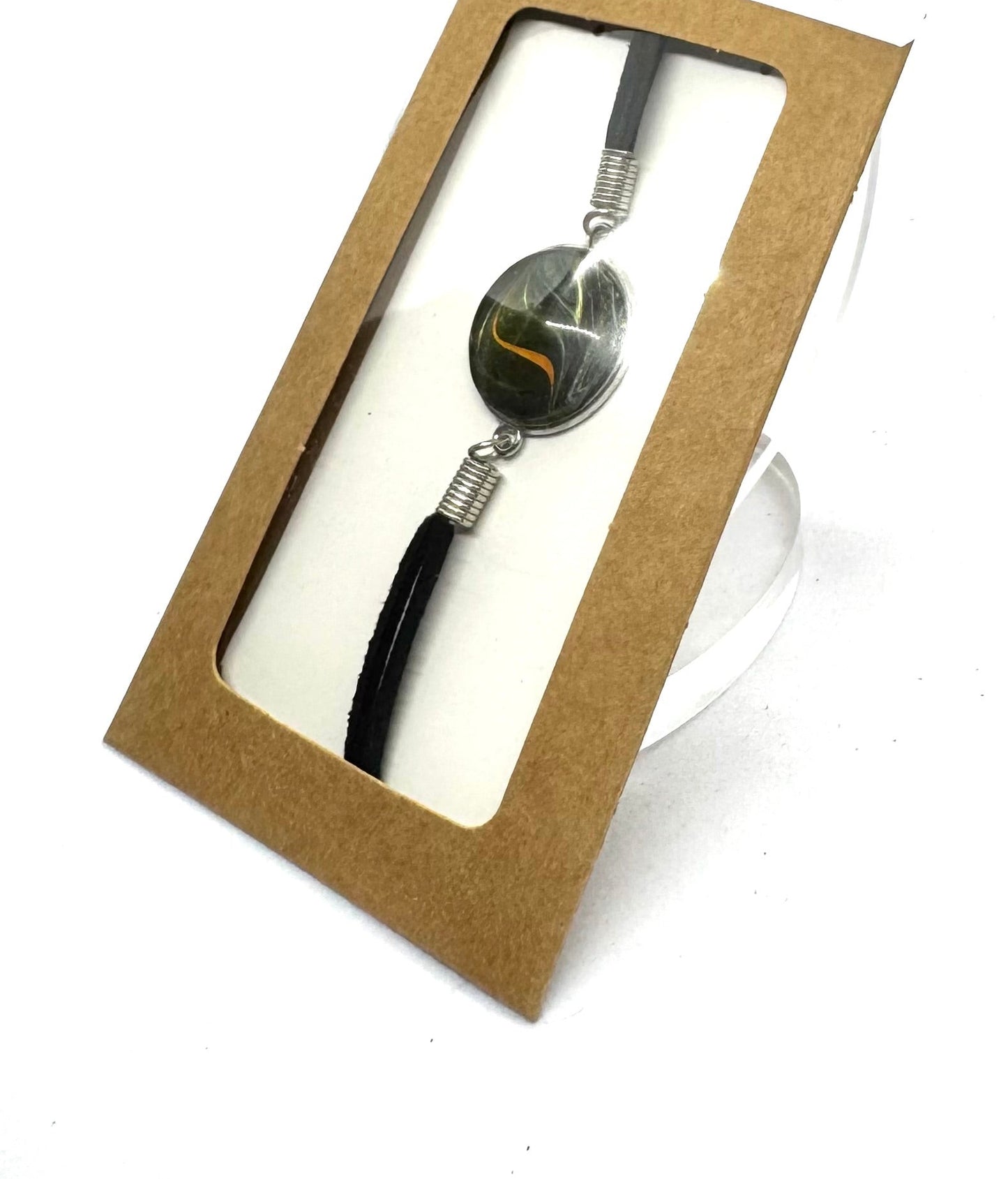 #1 “Dark Energy But Make It Wearable 🖤 | Handmade Leather Cord Bracelet | Abstract Glass Dome Charm | Gothic Minimalist Jewelry | FDSS One-of-a-Kind”