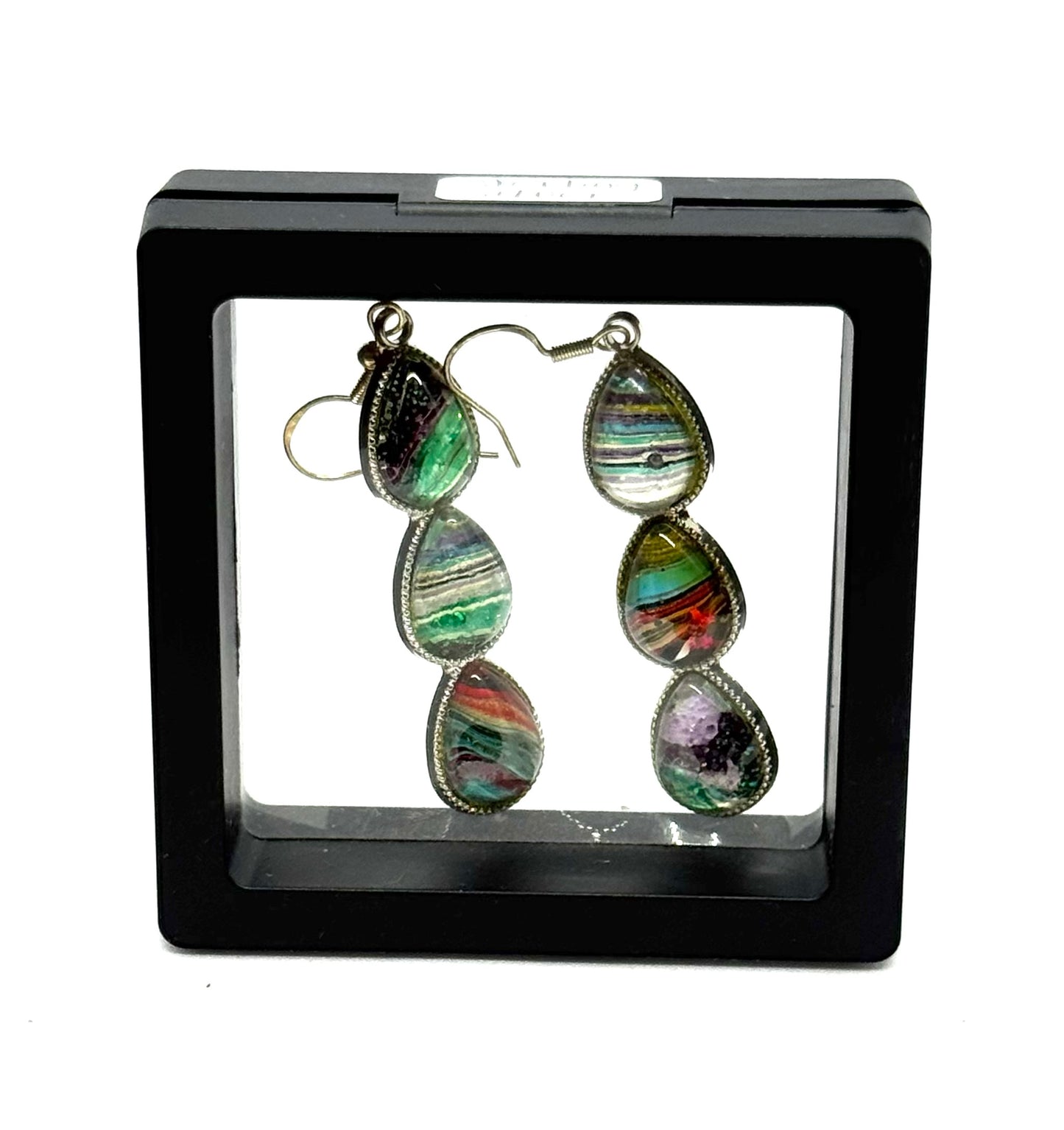 #6S Aurora Chaos Sterling Silver Triple Teardrop Paint Pour Glass Dome Earrings