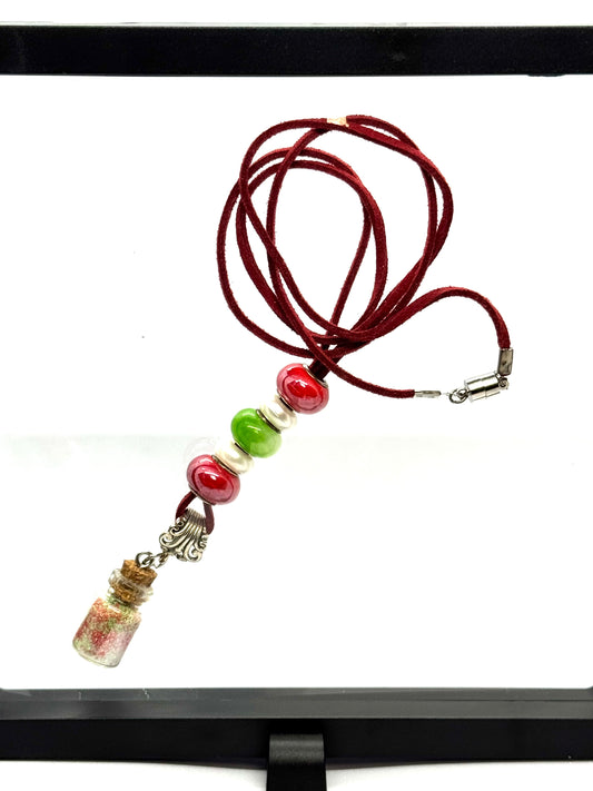 “Holiday Breakdown in a Bottle” Red Cord Beaded Necklace | 26” | Magnetic Clasp | Glitter Bottle Pendant