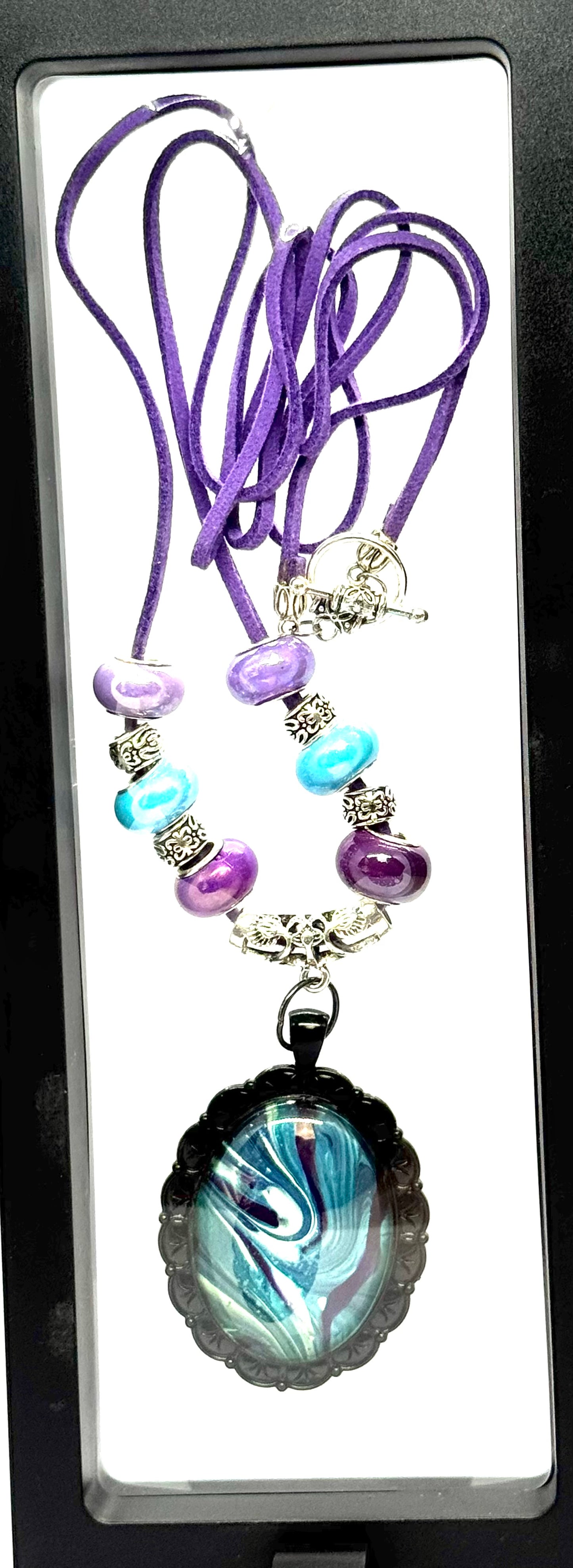 Cosmic Chaos Pendant Necklace | Teal & Purple Swirl | 38” Cord | Statement Piece