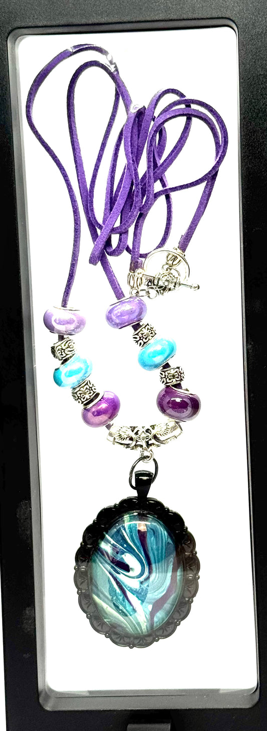Cosmic Chaos Pendant Necklace | Teal & Purple Swirl | 38” Cord | Statement Piece