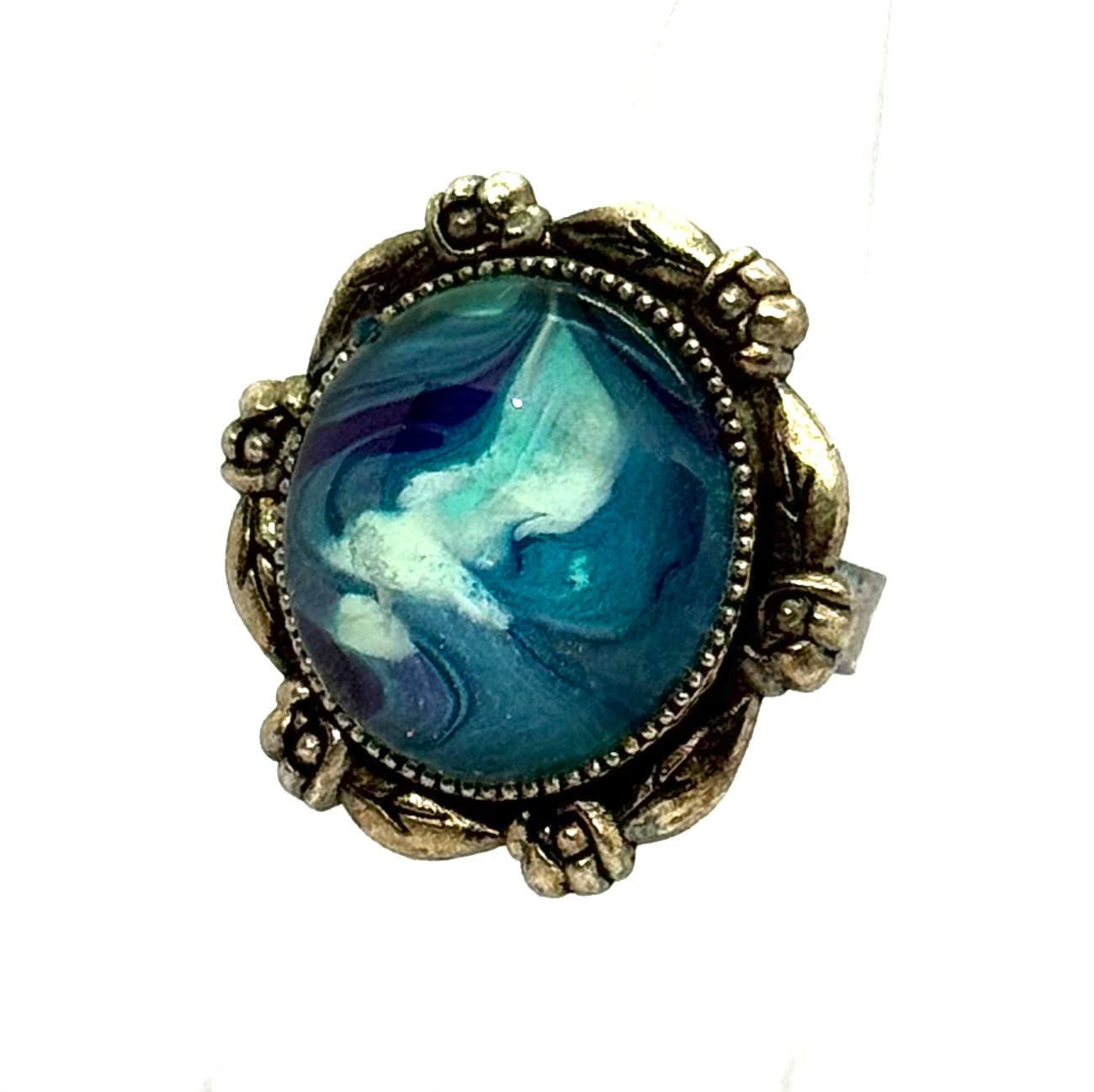 #12 Ocean Dream Glass Dome Statement Ring – Teal Blue Swirl Vintage Style Adjustable Ring