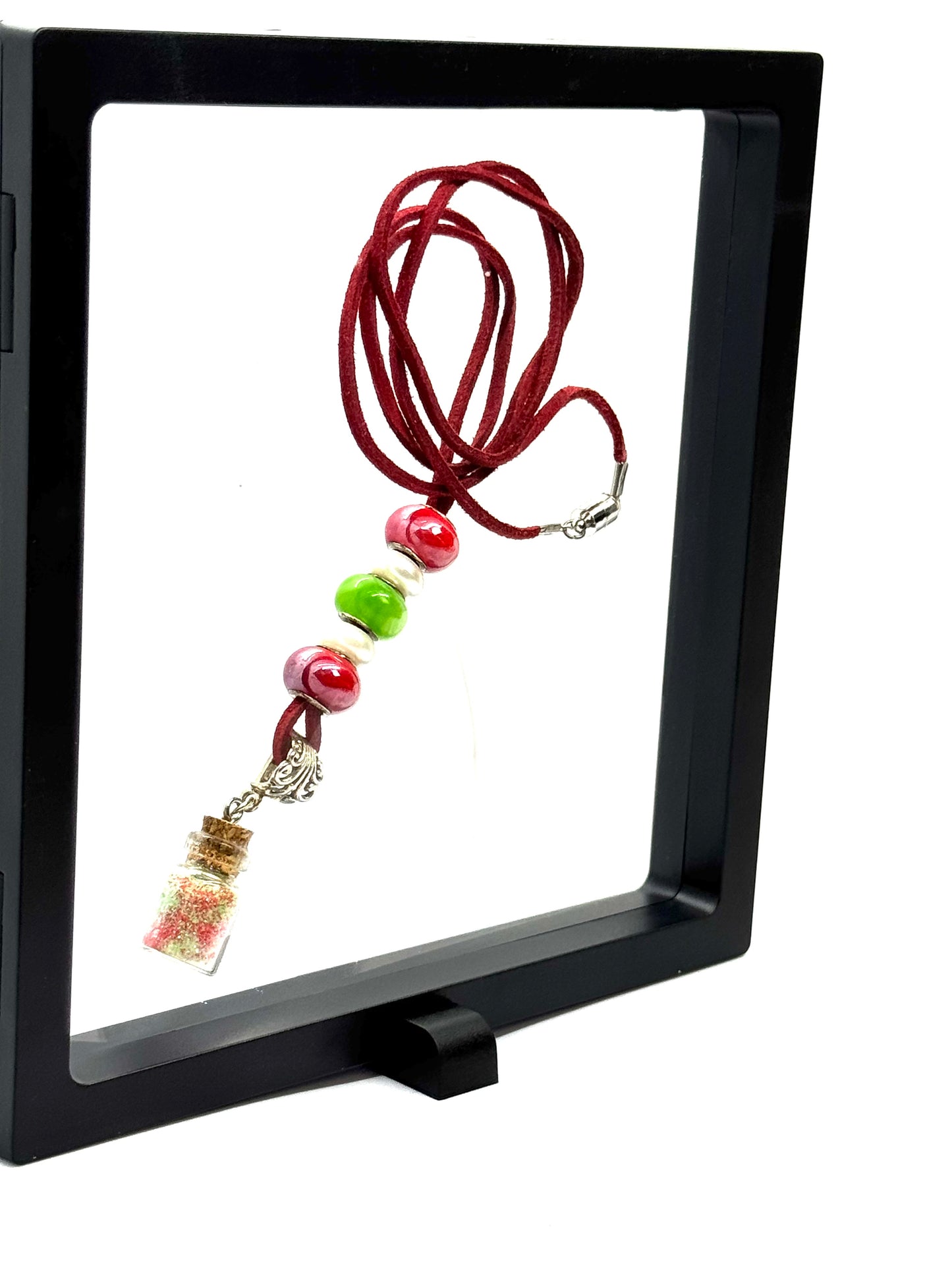 “Holiday Breakdown in a Bottle” Red Cord Beaded Necklace | 26” | Magnetic Clasp | Glitter Bottle Pendant
