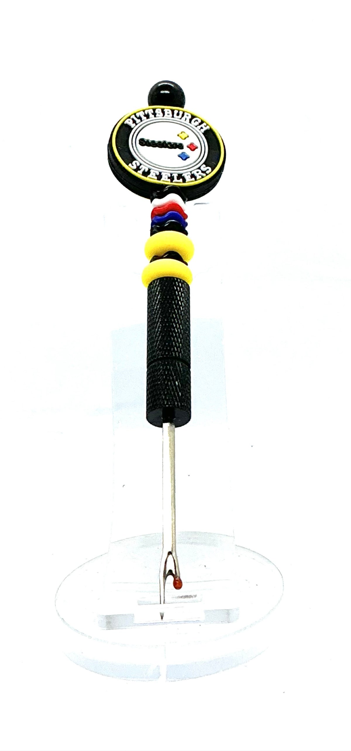 Beaded seam ripper with Pittsburgh football focal bead and black and gold beads on a black handle