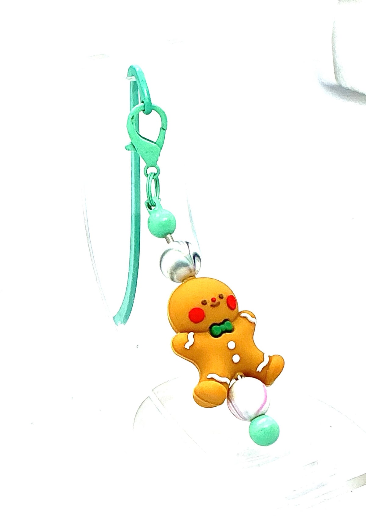 Gingerbread shepherd hook bookmark with mint green beaded dangle