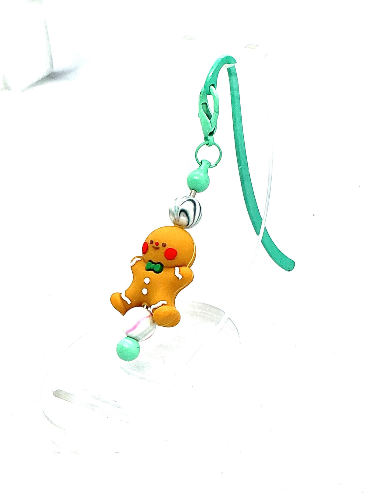 Gingerbread shepherd hook bookmark with mint green beaded dangle