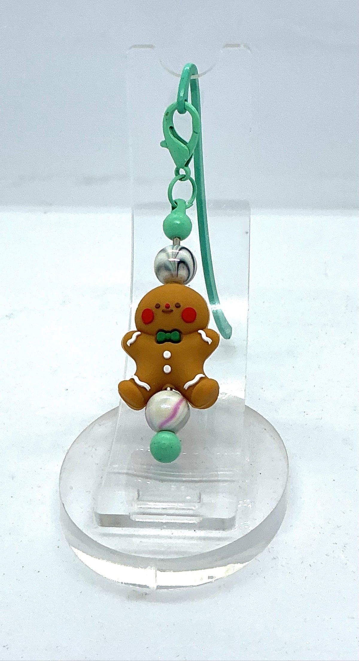 Gingerbread shepherd hook bookmark with mint green beaded dangle