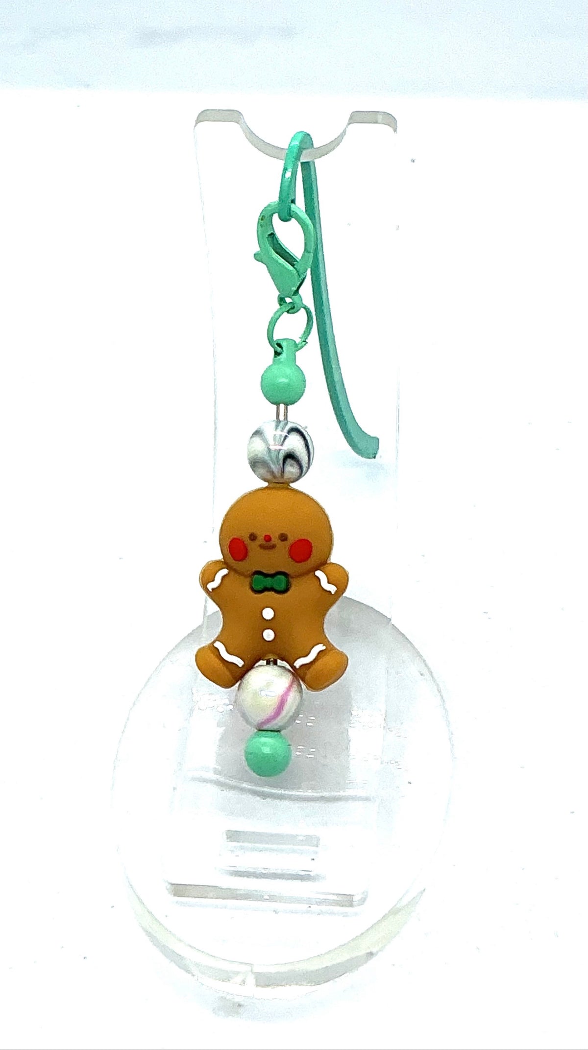 Gingerbread shepherd hook bookmark with mint green beaded dangle