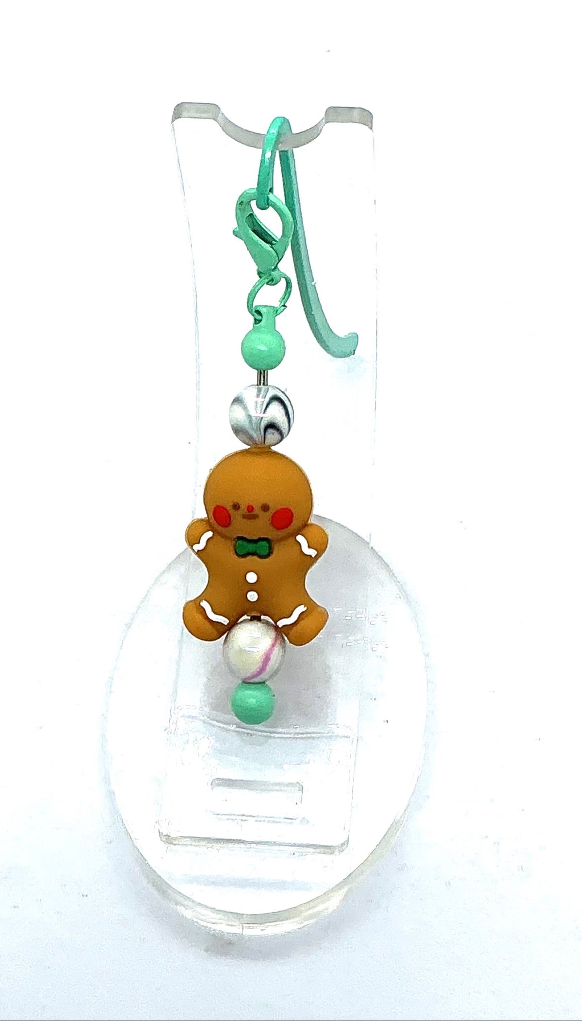 Gingerbread shepherd hook bookmark with mint green beaded dangle